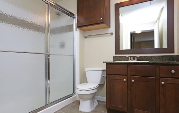 Bathroom with ceramic tile flooring, walk in shower, vanity with a granite countertop and dark wooden cabinets, and a toilet