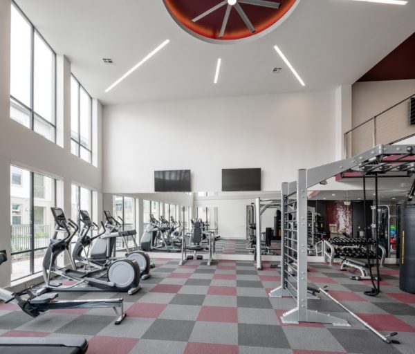 Fitness Center with cardio and strengthening equipment including treadmills, rowing machines, ellipticals, free weights, Individual Weight Machines, and Cage Studio Station with Boxing Bags and Battle Ropes