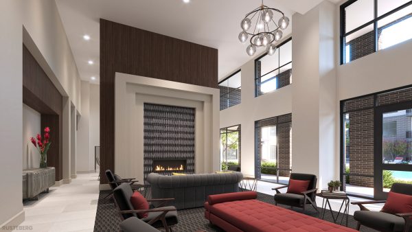 Clubhouse interior with ample lounging, an electric fire pit, and access to the pool